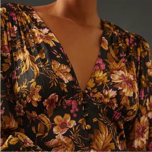 ANTHROPOLOGIE Croset Black Floral Deep V Neck Button Blouse Tunic XS NWT - Picture 7 of 11